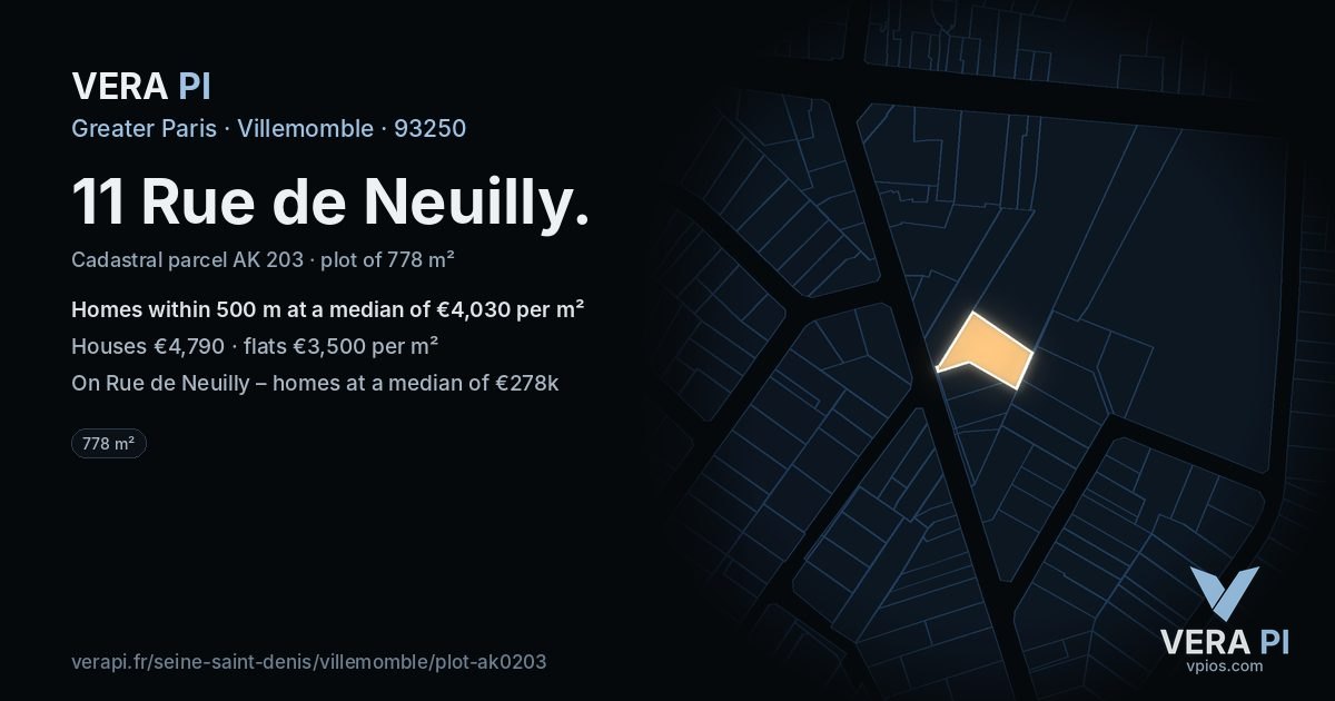 11 Rue de Neuilly, Villemomble at night – the plot lit, the parcels around coloured by the prices near them