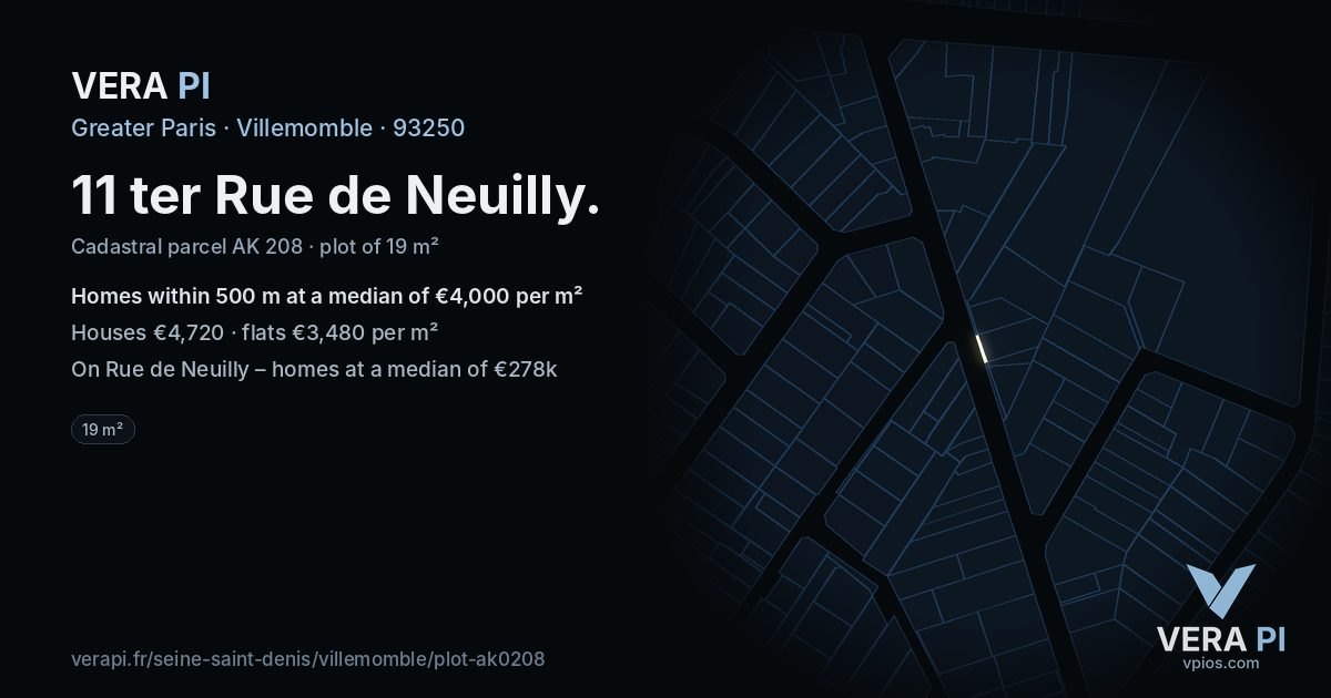 11 ter Rue de Neuilly, Villemomble at night – the plot lit, the parcels around coloured by the prices near them