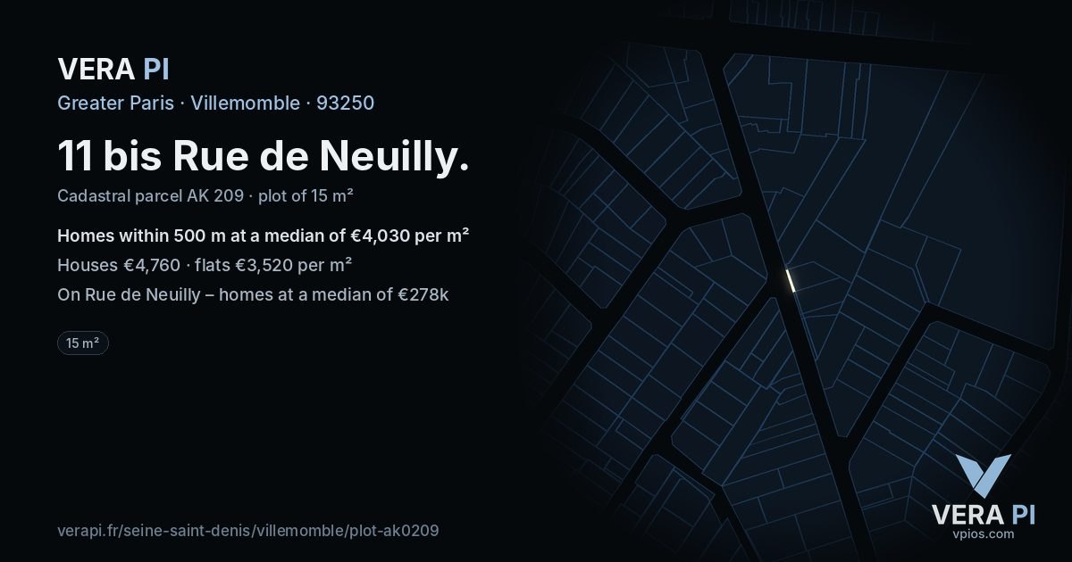 11 bis Rue de Neuilly, Villemomble at night – the plot lit, the parcels around coloured by the prices near them