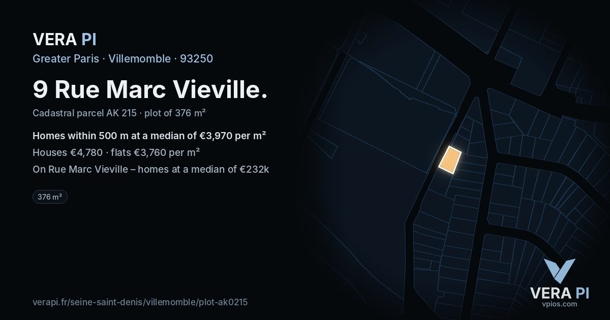 9 Rue Marc Vieville, Villemomble at night – the plot lit, the parcels around coloured by the prices near them