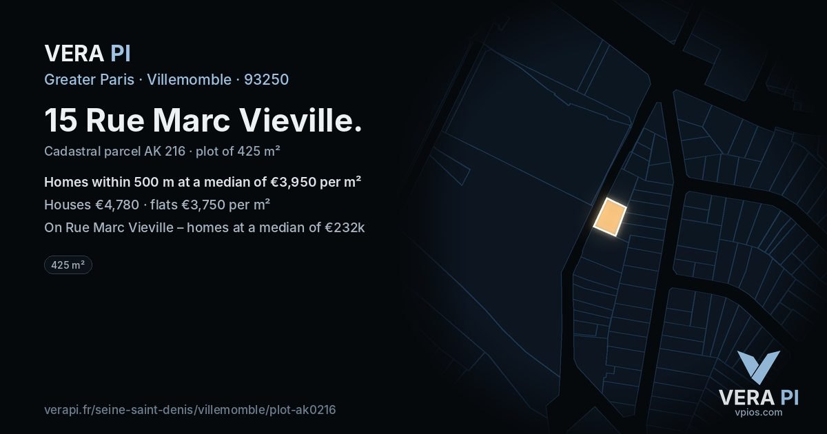 15 Rue Marc Vieville, Villemomble at night – the plot lit, the parcels around coloured by the prices near them