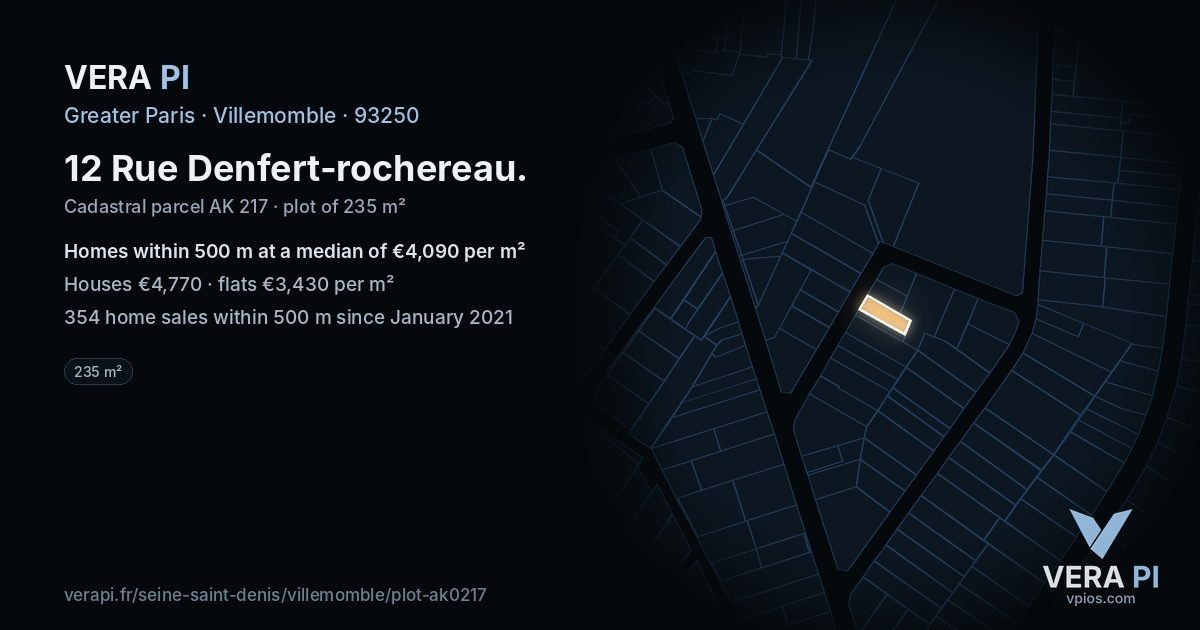 12 Rue Denfert-rochereau, Villemomble at night – the plot lit, the parcels around coloured by the prices near them