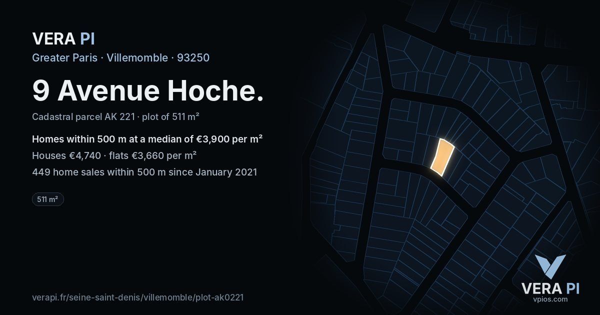 9 Avenue Hoche, Villemomble at night – the plot lit, the parcels around coloured by the prices near them