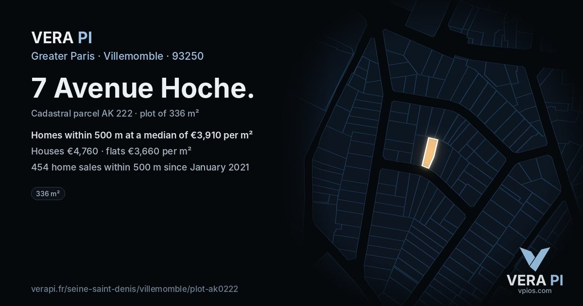 7 Avenue Hoche, Villemomble at night – the plot lit, the parcels around coloured by the prices near them