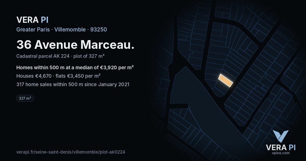 36 Avenue Marceau, Villemomble at night – the plot lit, the parcels around coloured by the prices near them