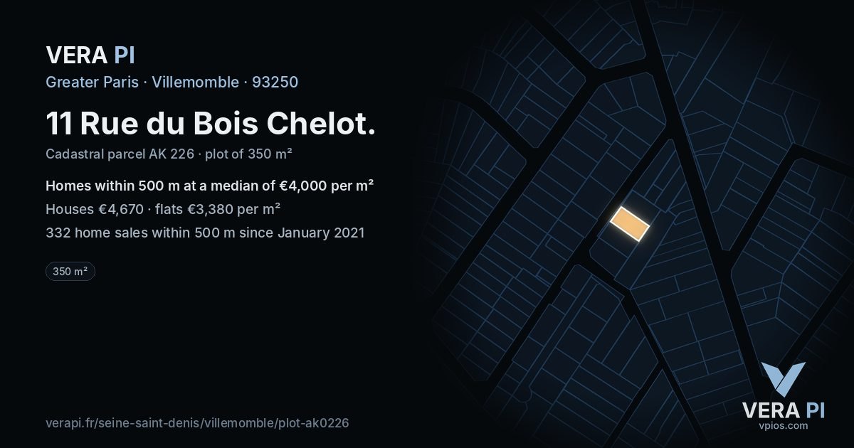 11 Rue du Bois Chelot, Villemomble at night – the plot lit, the parcels around coloured by the prices near them
