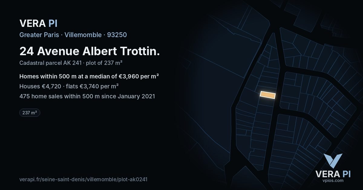 24 Avenue Albert Trottin, Villemomble at night – the plot lit, the parcels around coloured by the prices near them