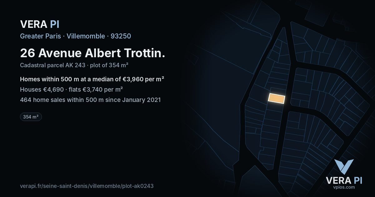 26 Avenue Albert Trottin, Villemomble at night – the plot lit, the parcels around coloured by the prices near them