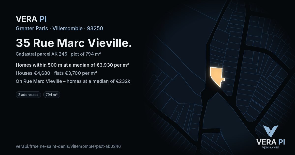 35 Rue Marc Vieville, Villemomble at night – the plot lit, the parcels around coloured by the prices near them
