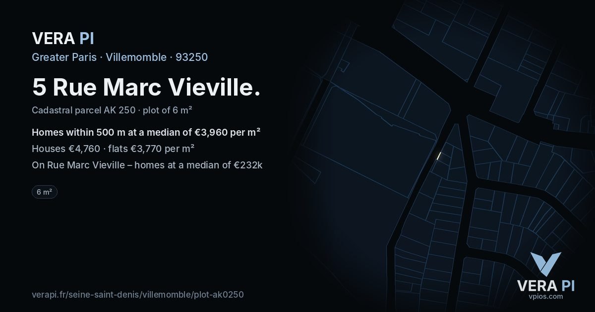 5 Rue Marc Vieville, Villemomble at night – the plot lit, the parcels around coloured by the prices near them