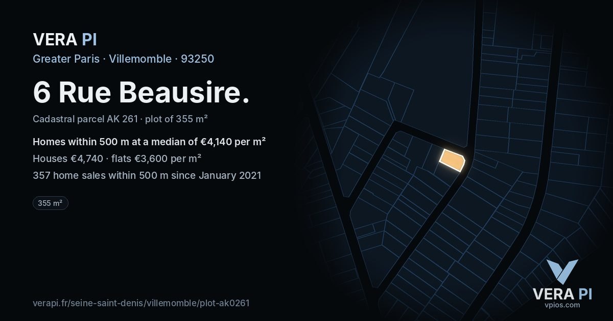 6 Rue Beausire, Villemomble at night – the plot lit, the parcels around coloured by the prices near them