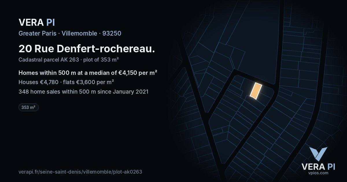 20 Rue Denfert-rochereau, Villemomble at night – the plot lit, the parcels around coloured by the prices near them