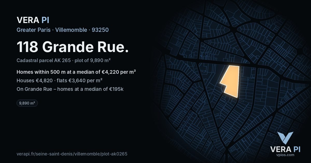 118 Grande Rue, Villemomble at night – the plot lit, the parcels around coloured by the prices near them