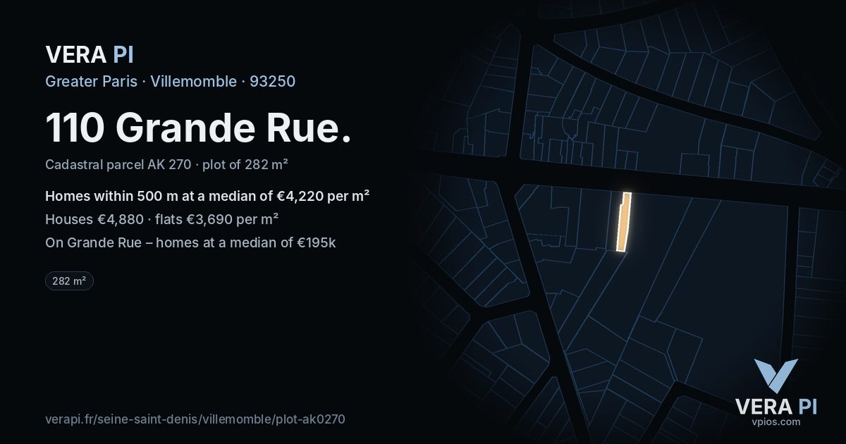 110 Grande Rue, Villemomble at night – the plot lit, the parcels around coloured by the prices near them