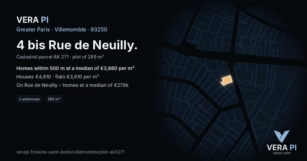 4 bis Rue de Neuilly, Villemomble at night – the plot lit, the parcels around coloured by the prices near them