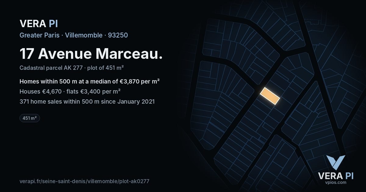 17 Avenue Marceau, Villemomble at night – the plot lit, the parcels around coloured by the prices near them