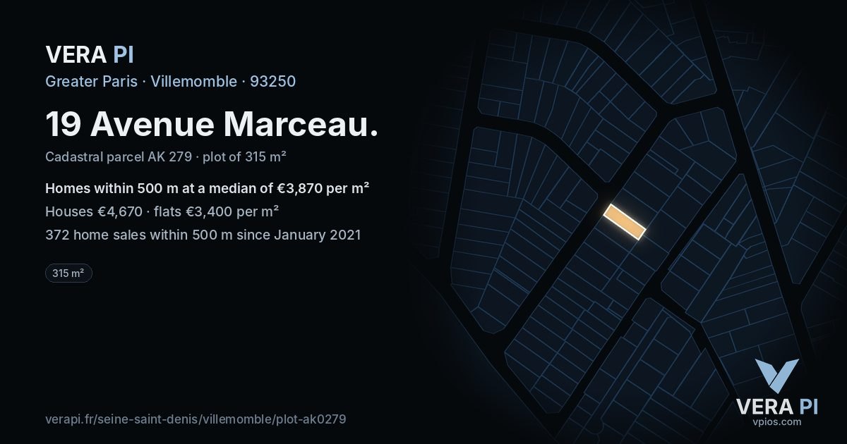 19 Avenue Marceau, Villemomble at night – the plot lit, the parcels around coloured by the prices near them