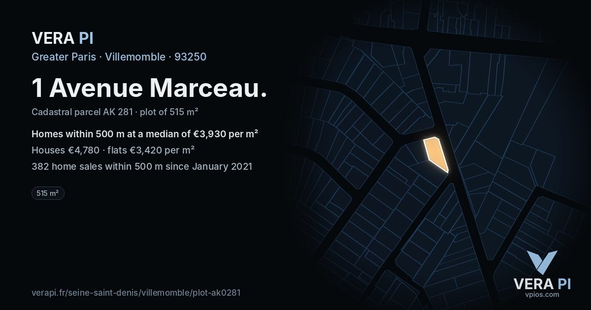 1 Avenue Marceau, Villemomble at night – the plot lit, the parcels around coloured by the prices near them