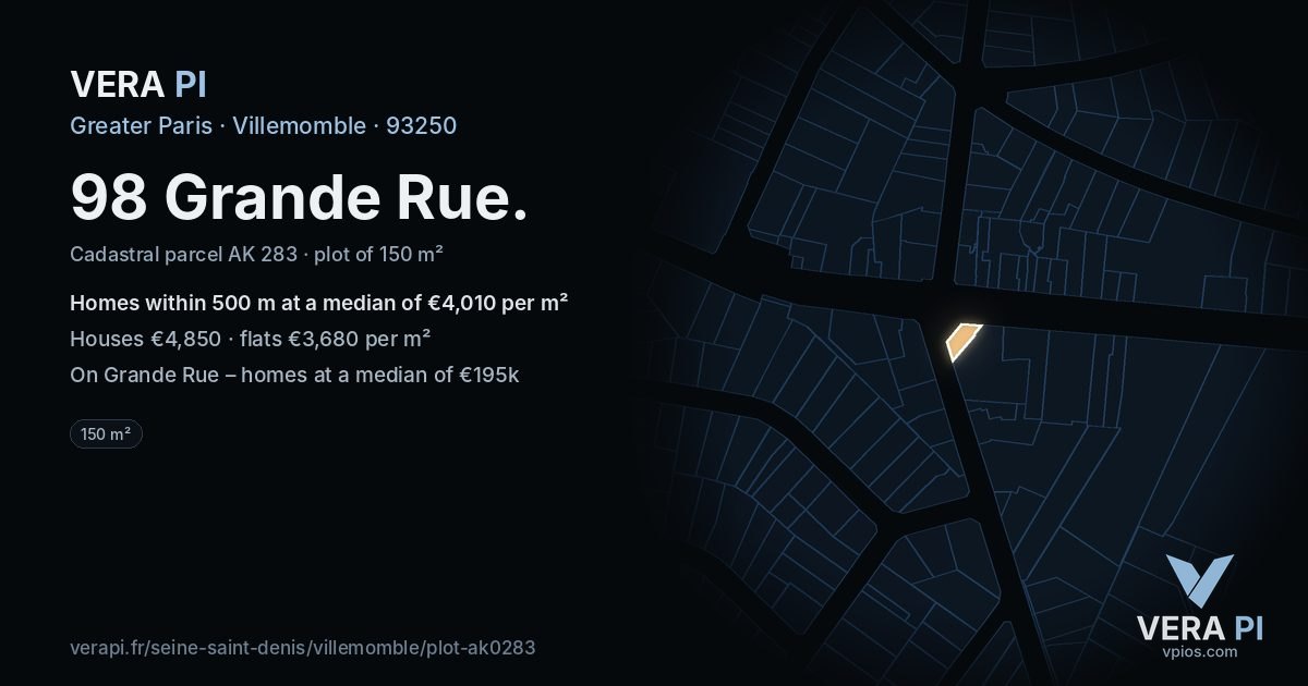 98 Grande Rue, Villemomble at night – the plot lit, the parcels around coloured by the prices near them