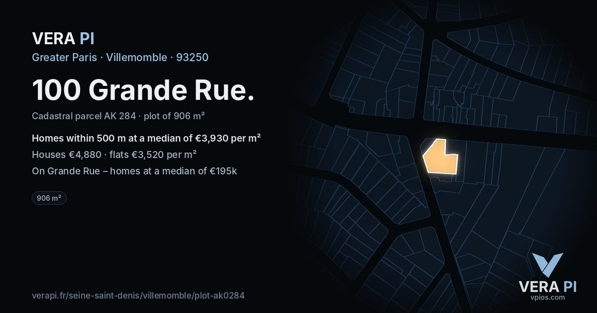 100 Grande Rue, Villemomble at night – the plot lit, the parcels around coloured by the prices near them