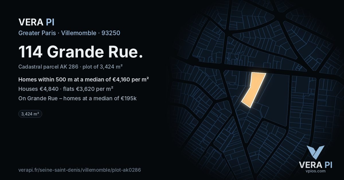 114 Grande Rue, Villemomble at night – the plot lit, the parcels around coloured by the prices near them