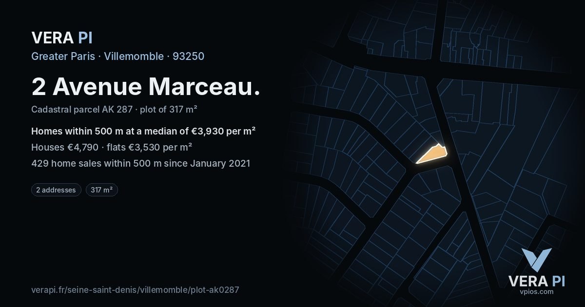 2 Avenue Marceau, Villemomble at night – the plot lit, the parcels around coloured by the prices near them