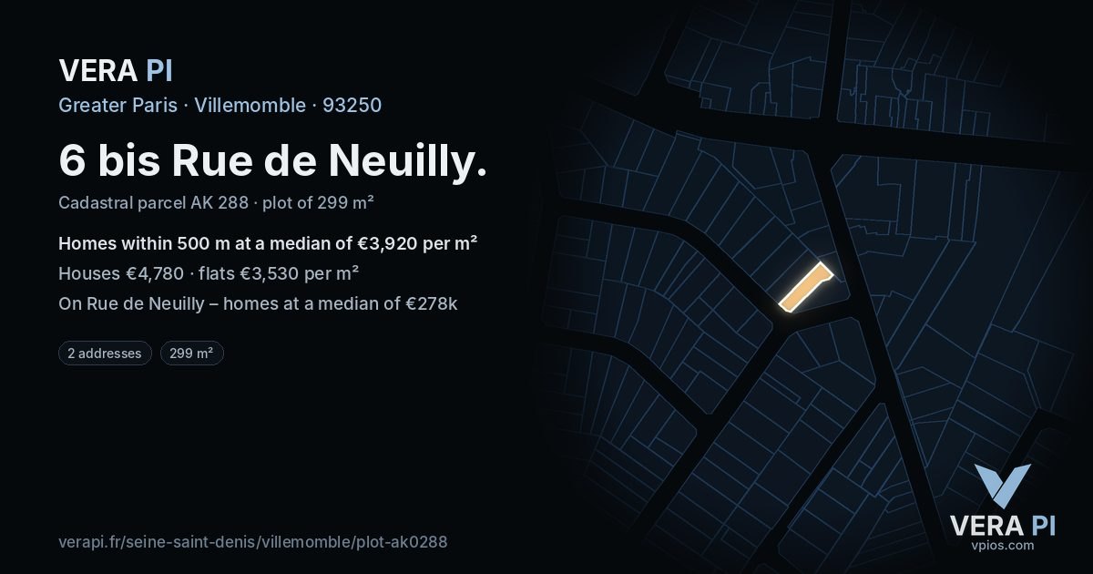 6 bis Rue de Neuilly, Villemomble at night – the plot lit, the parcels around coloured by the prices near them