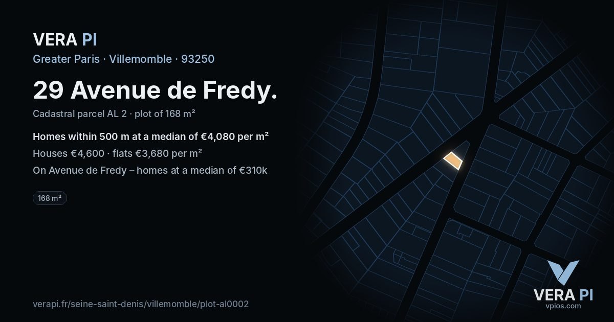 29 Avenue de Fredy, Villemomble at night – the plot lit, the parcels around coloured by the prices near them