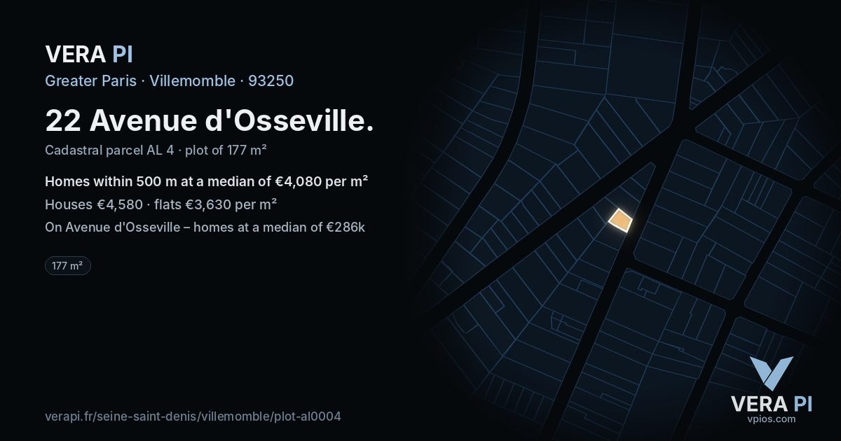 22 Avenue d'Osseville, Villemomble at night – the plot lit, the parcels around coloured by the prices near them