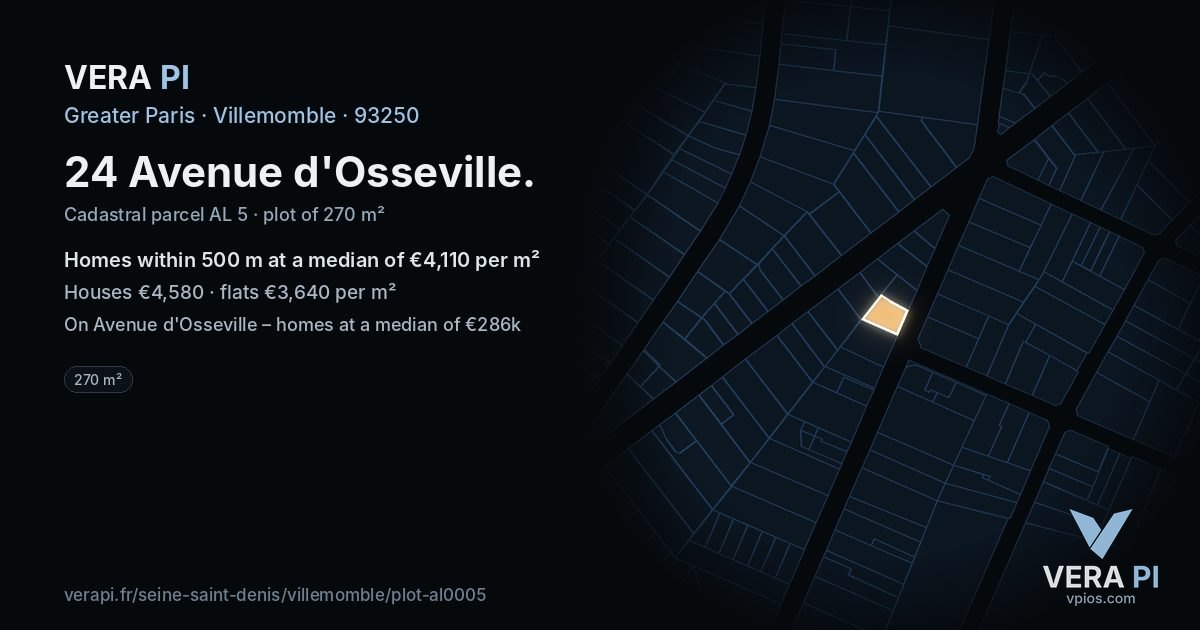 24 Avenue d'Osseville, Villemomble at night – the plot lit, the parcels around coloured by the prices near them