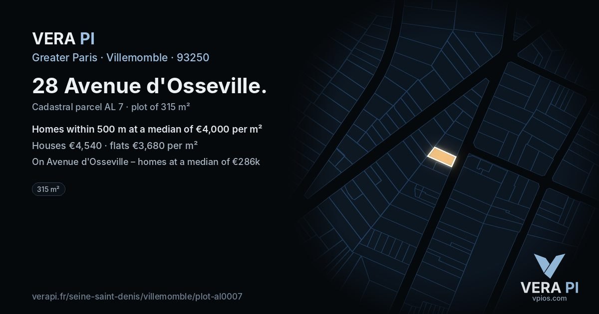 28 Avenue d'Osseville, Villemomble at night – the plot lit, the parcels around coloured by the prices near them