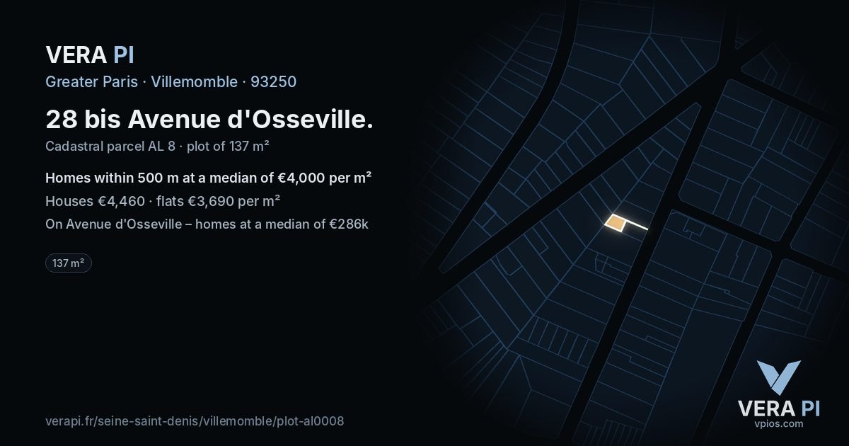 28 bis Avenue d'Osseville, Villemomble at night – the plot lit, the parcels around coloured by the prices near them