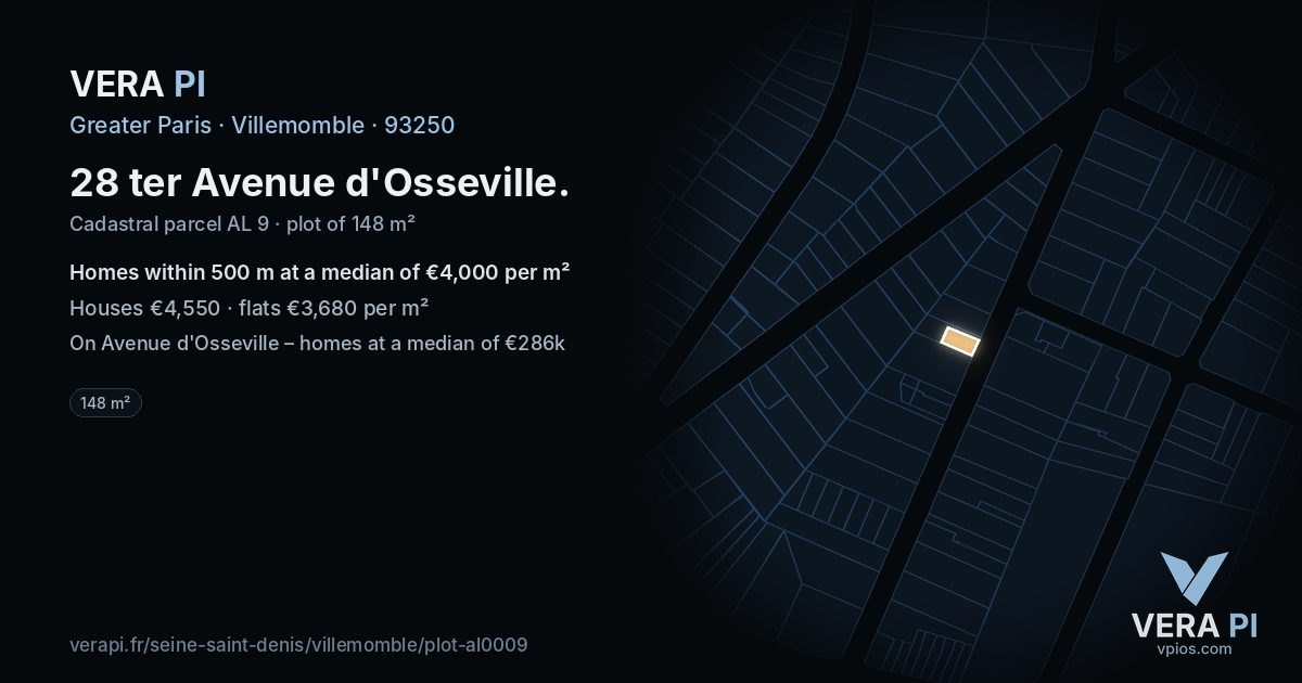 28 ter Avenue d'Osseville, Villemomble at night – the plot lit, the parcels around coloured by the prices near them
