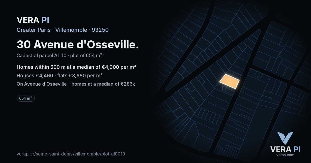 30 Avenue d'Osseville, Villemomble at night – the plot lit, the parcels around coloured by the prices near them