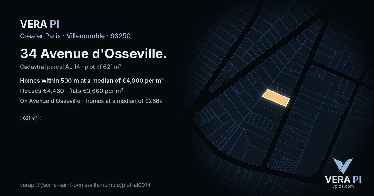 34 Avenue d'Osseville, Villemomble at night – the plot lit, the parcels around coloured by the prices near them