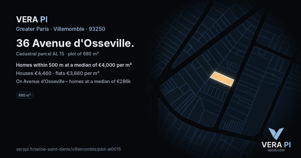 36 Avenue d'Osseville, Villemomble at night – the plot lit, the parcels around coloured by the prices near them