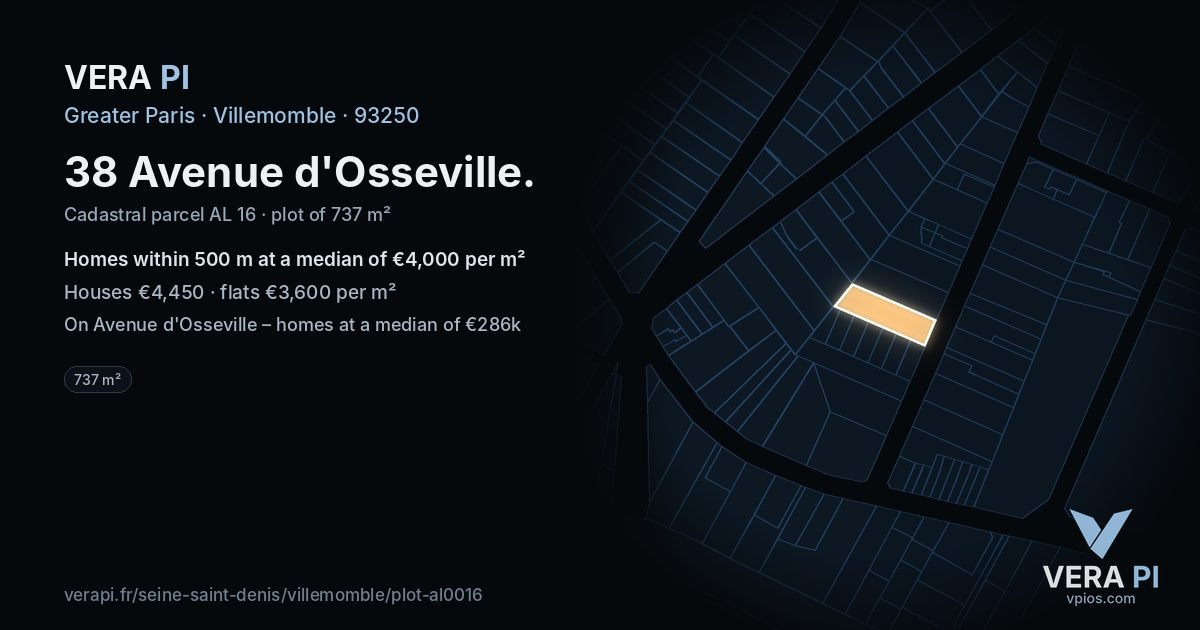 38 Avenue d'Osseville, Villemomble at night – the plot lit, the parcels around coloured by the prices near them