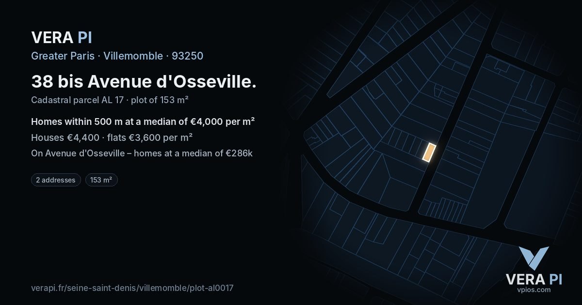 38 bis Avenue d'Osseville, Villemomble at night – the plot lit, the parcels around coloured by the prices near them