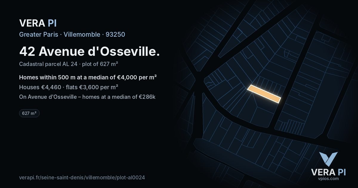 42 Avenue d'Osseville, Villemomble at night – the plot lit, the parcels around coloured by the prices near them