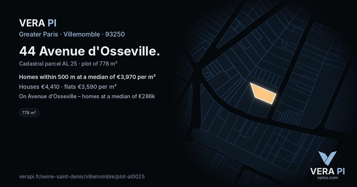 44 Avenue d'Osseville, Villemomble at night – the plot lit, the parcels around coloured by the prices near them