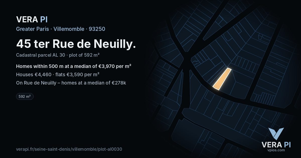 45 ter Rue de Neuilly, Villemomble at night – the plot lit, the parcels around coloured by the prices near them