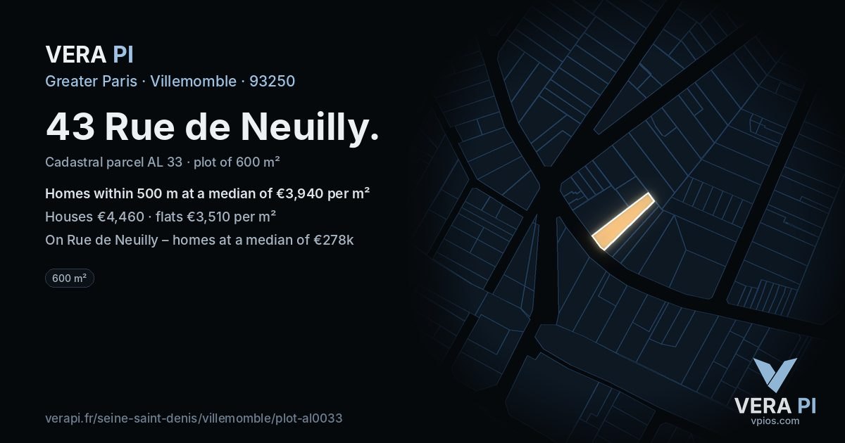 43 Rue de Neuilly, Villemomble at night – the plot lit, the parcels around coloured by the prices near them