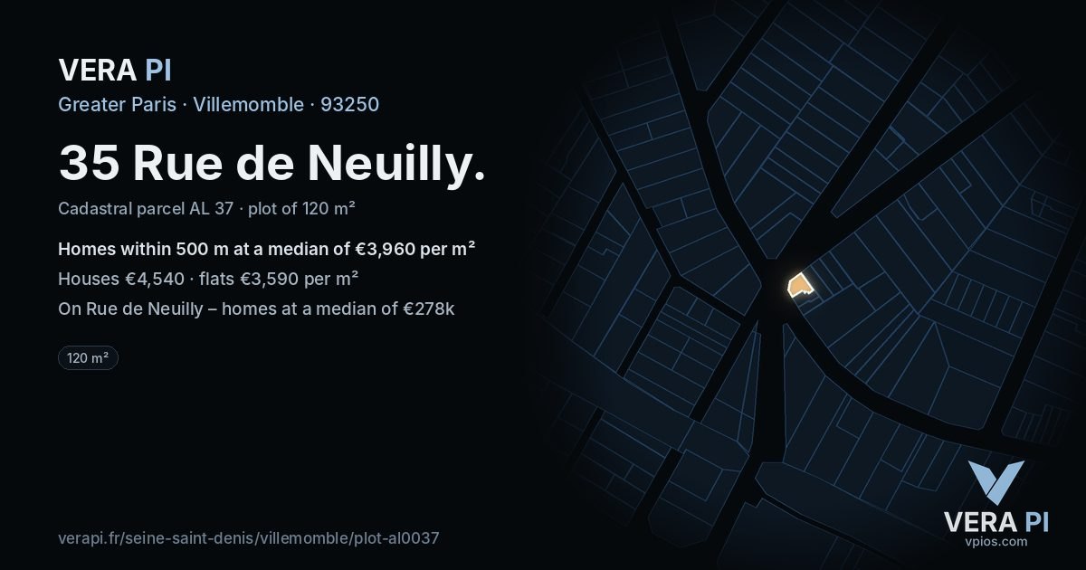 35 Rue de Neuilly, Villemomble at night – the plot lit, the parcels around coloured by the prices near them