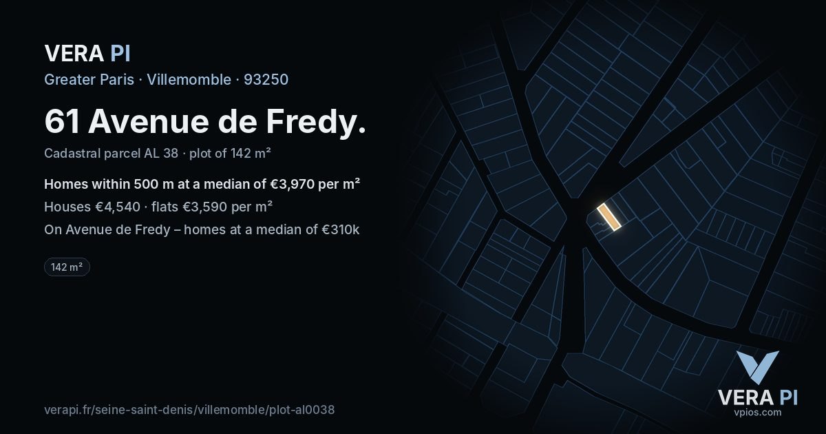 61 Avenue de Fredy, Villemomble at night – the plot lit, the parcels around coloured by the prices near them