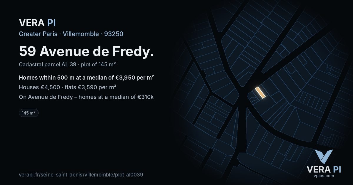 59 Avenue de Fredy, Villemomble at night – the plot lit, the parcels around coloured by the prices near them