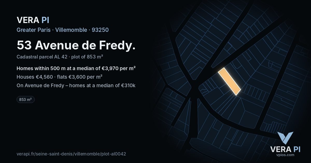 53 Avenue de Fredy, Villemomble at night – the plot lit, the parcels around coloured by the prices near them