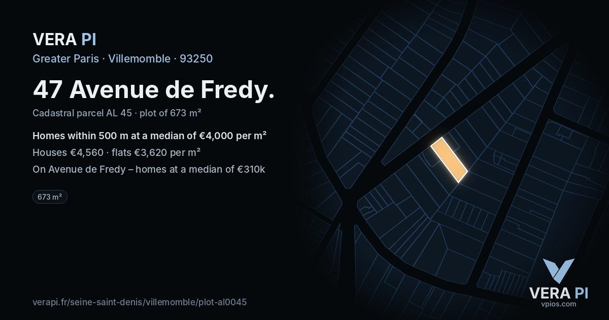 47 Avenue de Fredy, Villemomble at night – the plot lit, the parcels around coloured by the prices near them