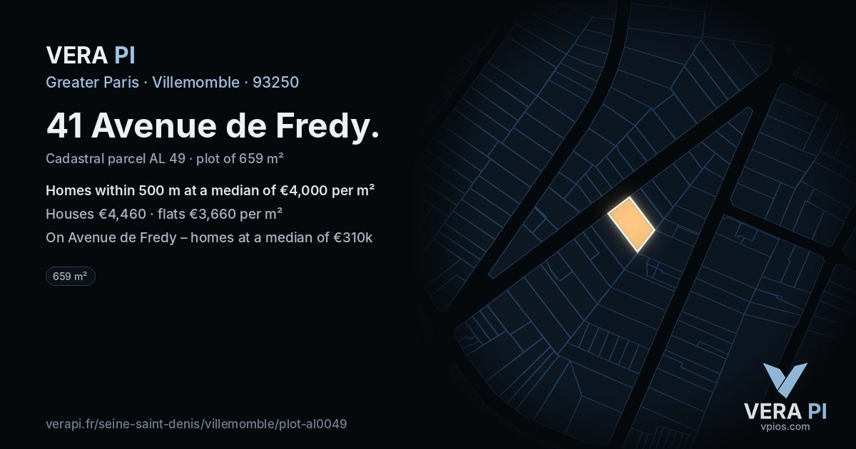 41 Avenue de Fredy, Villemomble at night – the plot lit, the parcels around coloured by the prices near them