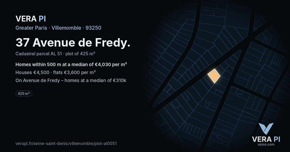 37 Avenue de Fredy, Villemomble at night – the plot lit, the parcels around coloured by the prices near them