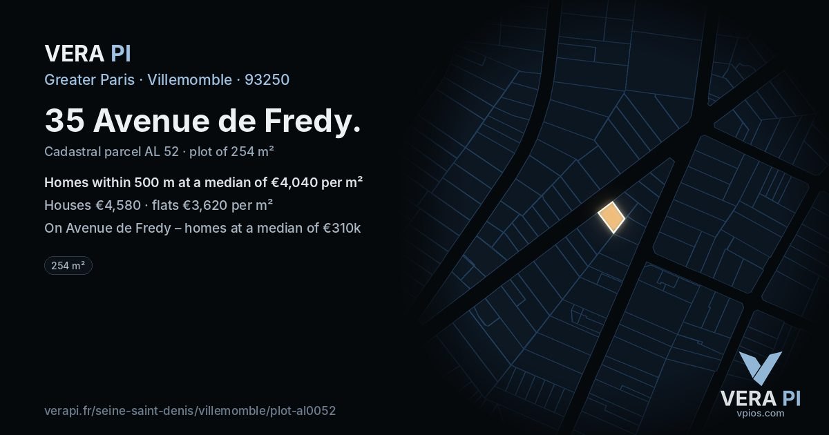 35 Avenue de Fredy, Villemomble at night – the plot lit, the parcels around coloured by the prices near them